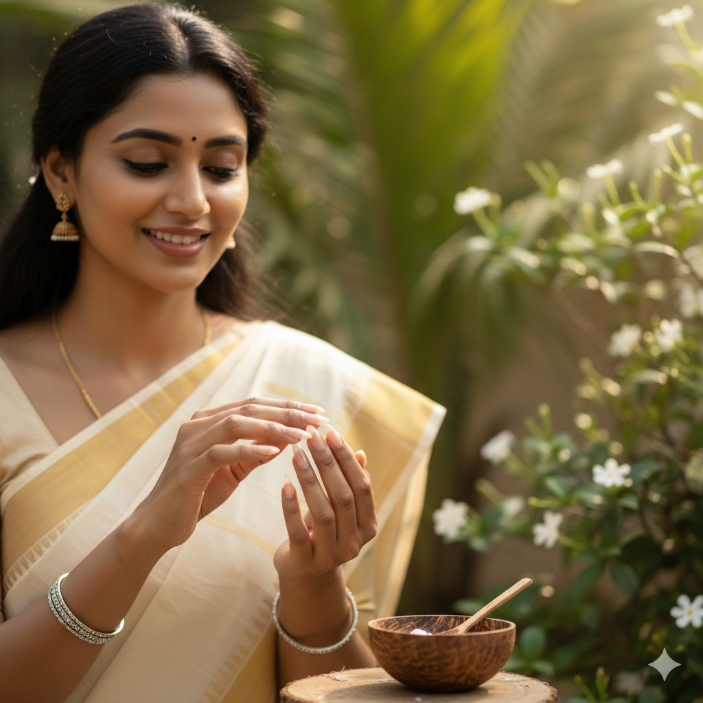 Kerala young woman applying coconut oil to her nails