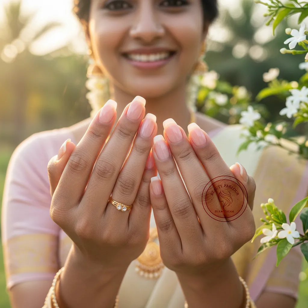 Smiling Kerala woman showing her shiny nails in sunlight