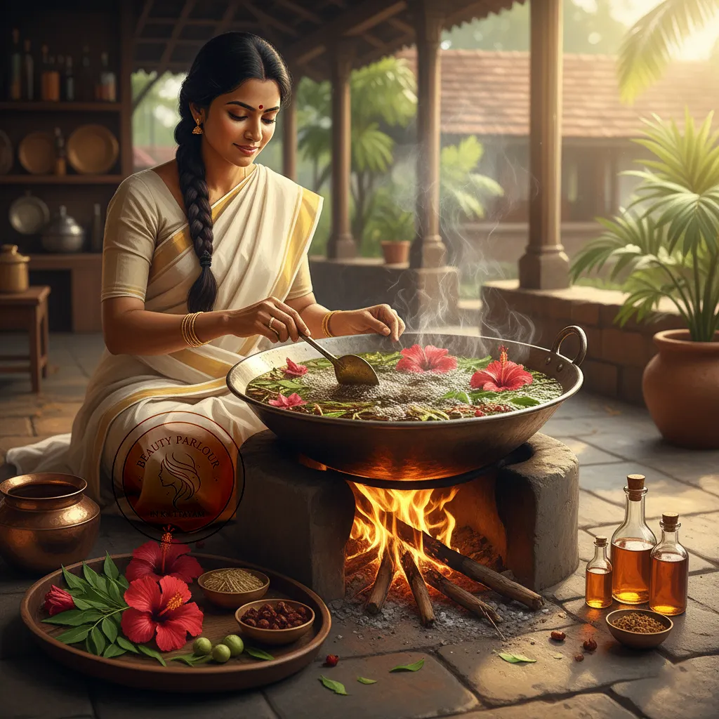 Traditional Kerala hair oil preparation 