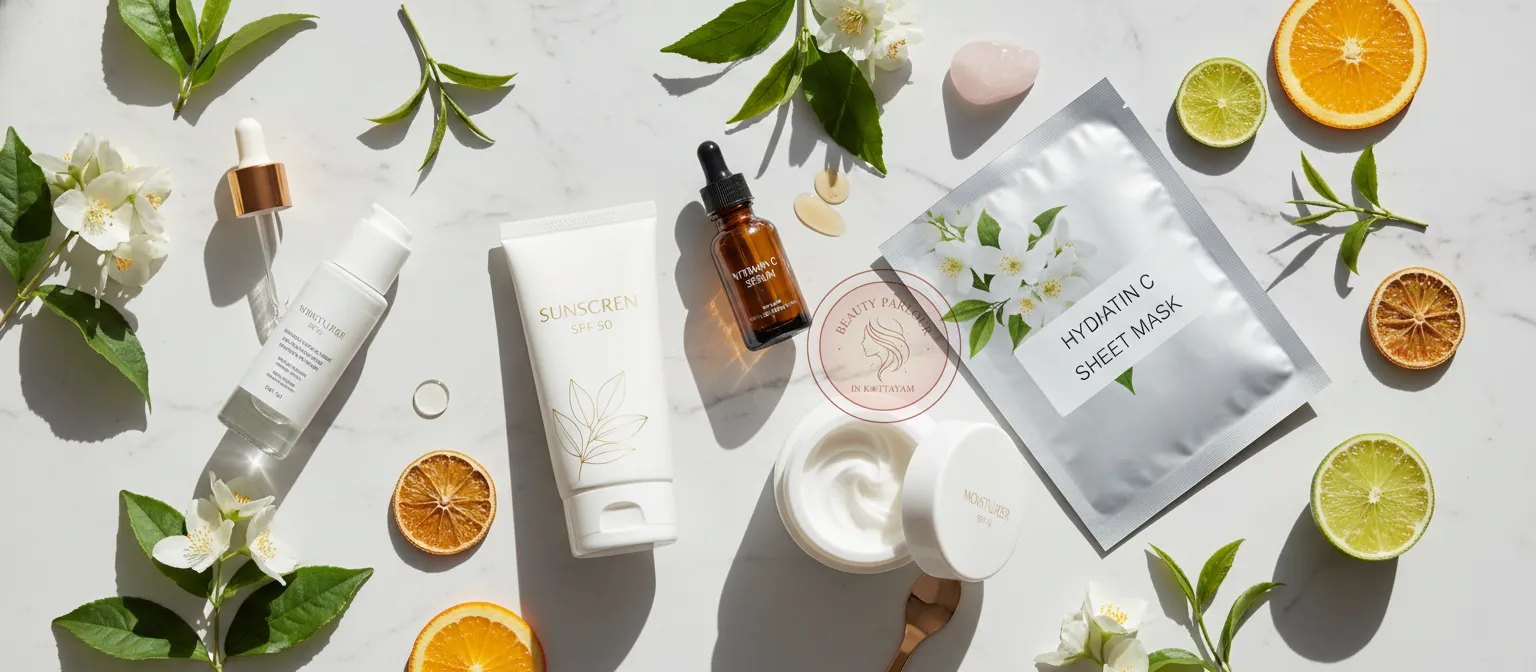 Pre-bridal skincare products flatlay