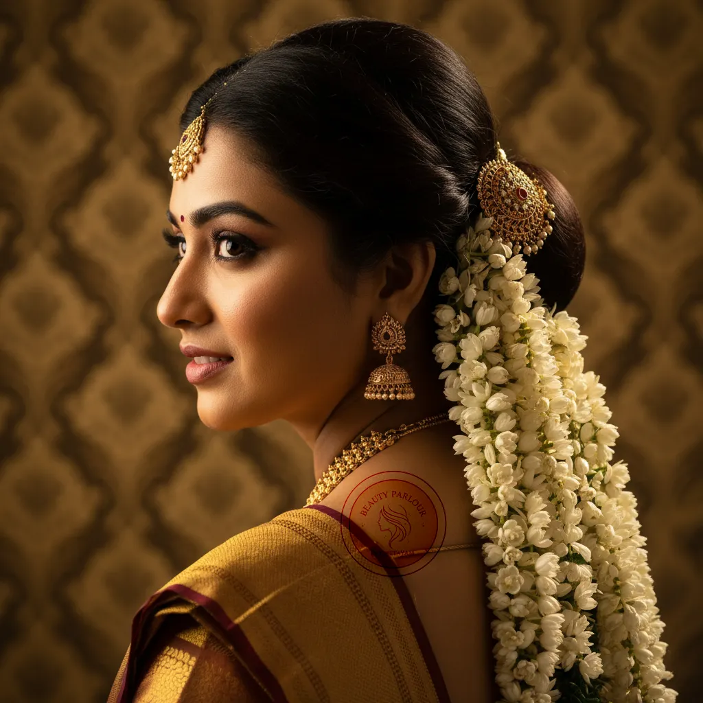 Kerala bridal hairstyle with jasmine and gold hair accessory