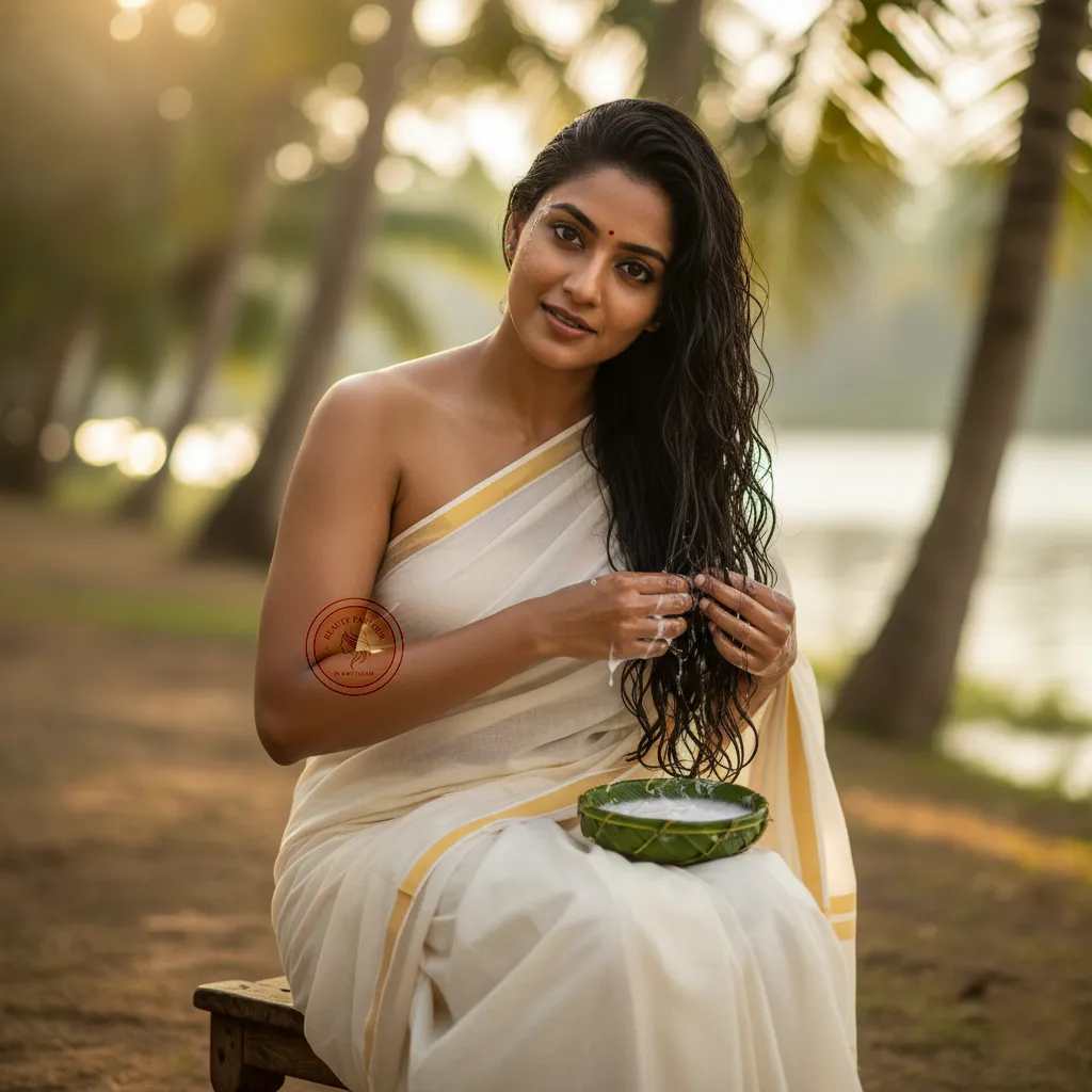 woman in Kerala applying coconut oil to hair woman in Kerala applying coconut oil to hair