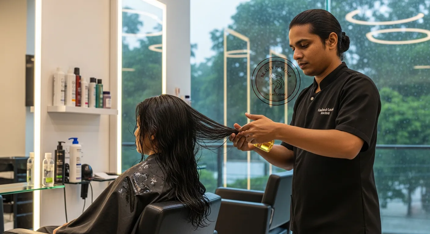 Kerala hairstylist applying oil serum to a client’s hair