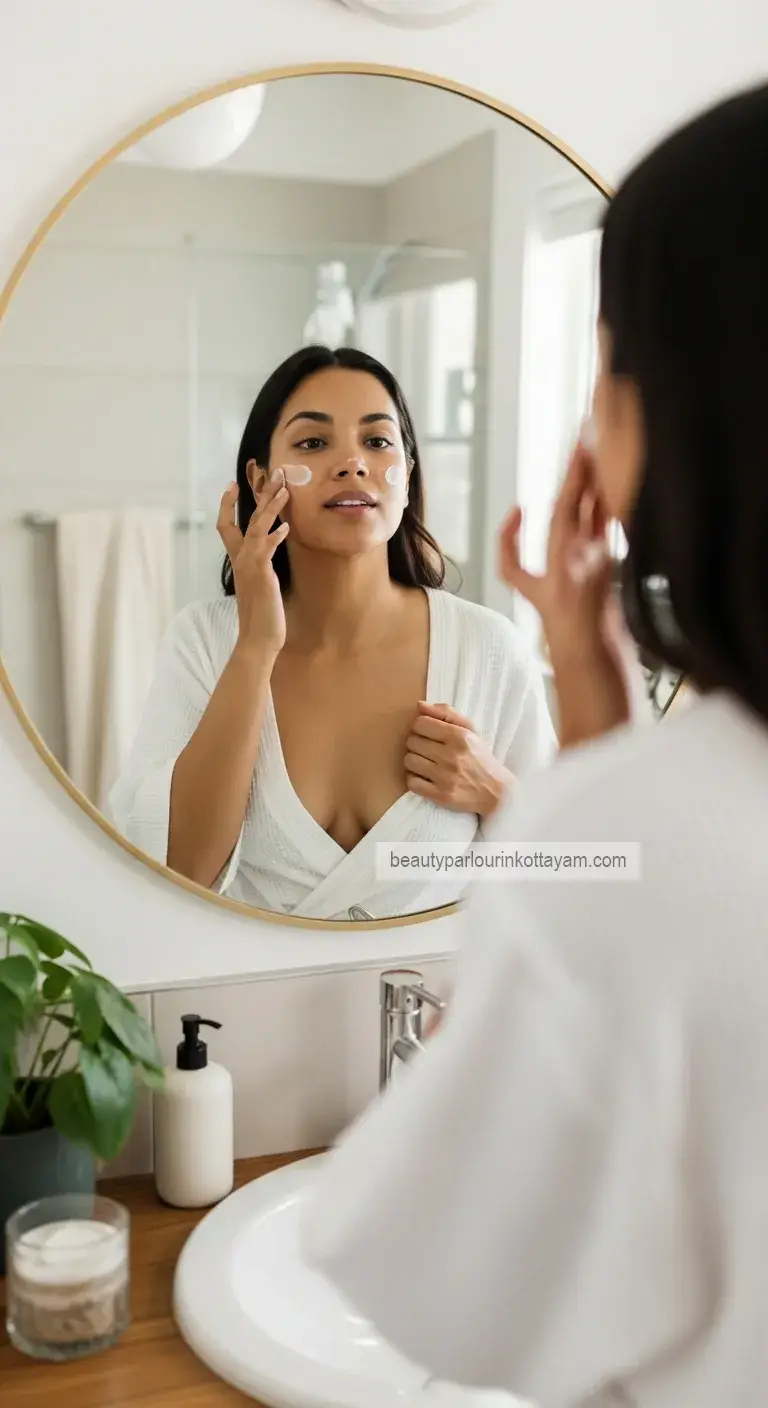 Woman applying moisturizer in front of mirror Woman applying moisturizer in front of mirror