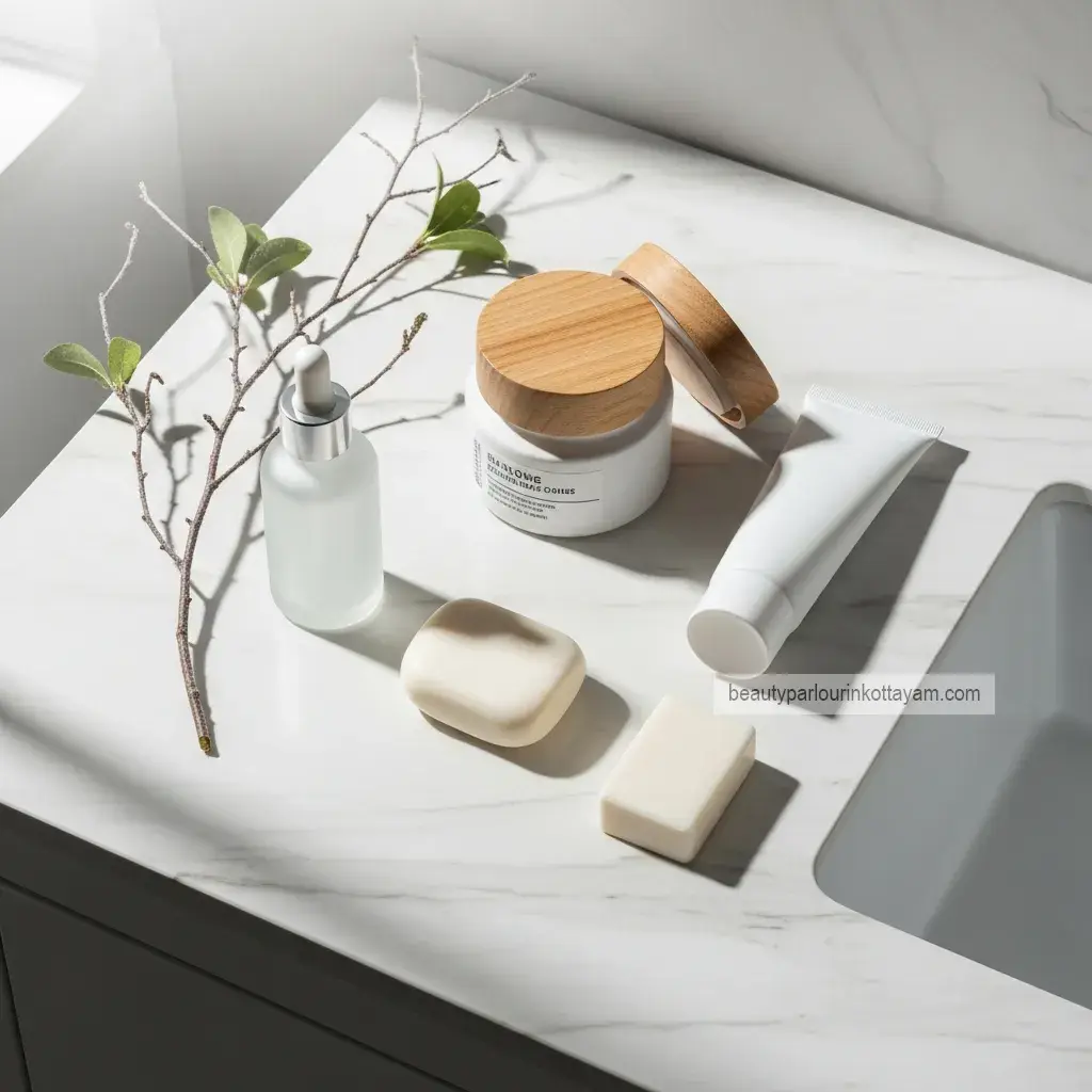 skincare products on a bathroom counter, skincare products on a bathroom counter