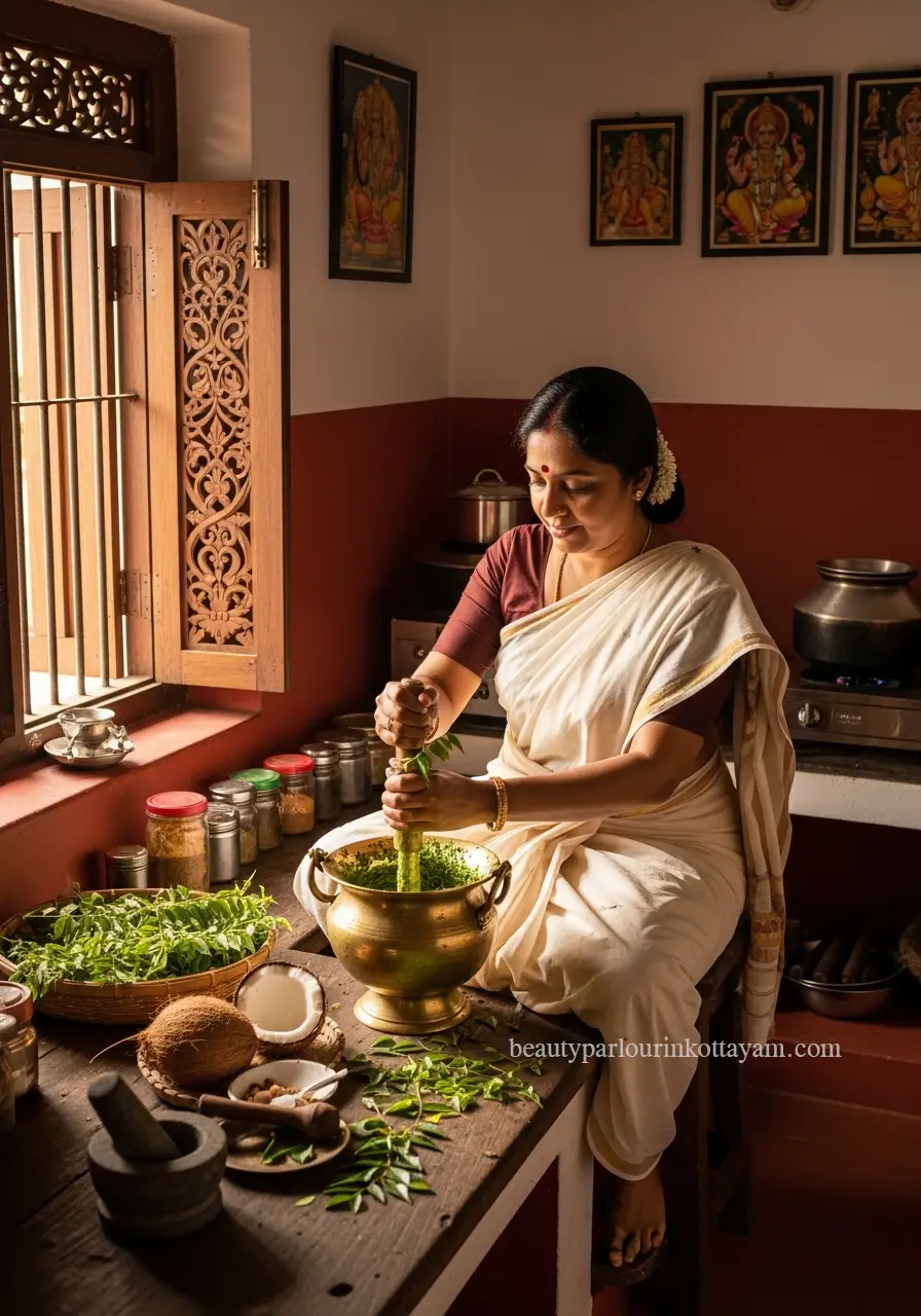 woman blending curry leaves
