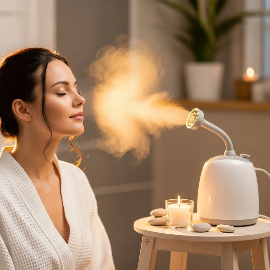 woman taking gentle steam facial at home woman taking gentle steam facial at home